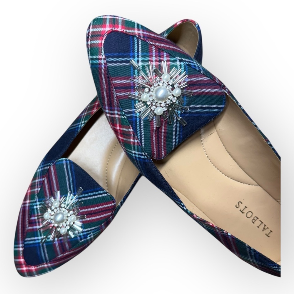 Talbots Women's Festive Plaid Christmas Flats Silver Red and Green Size 8 - Picture 5 of 6